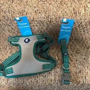 Essentials Green and Gray Pet Harness and Collar